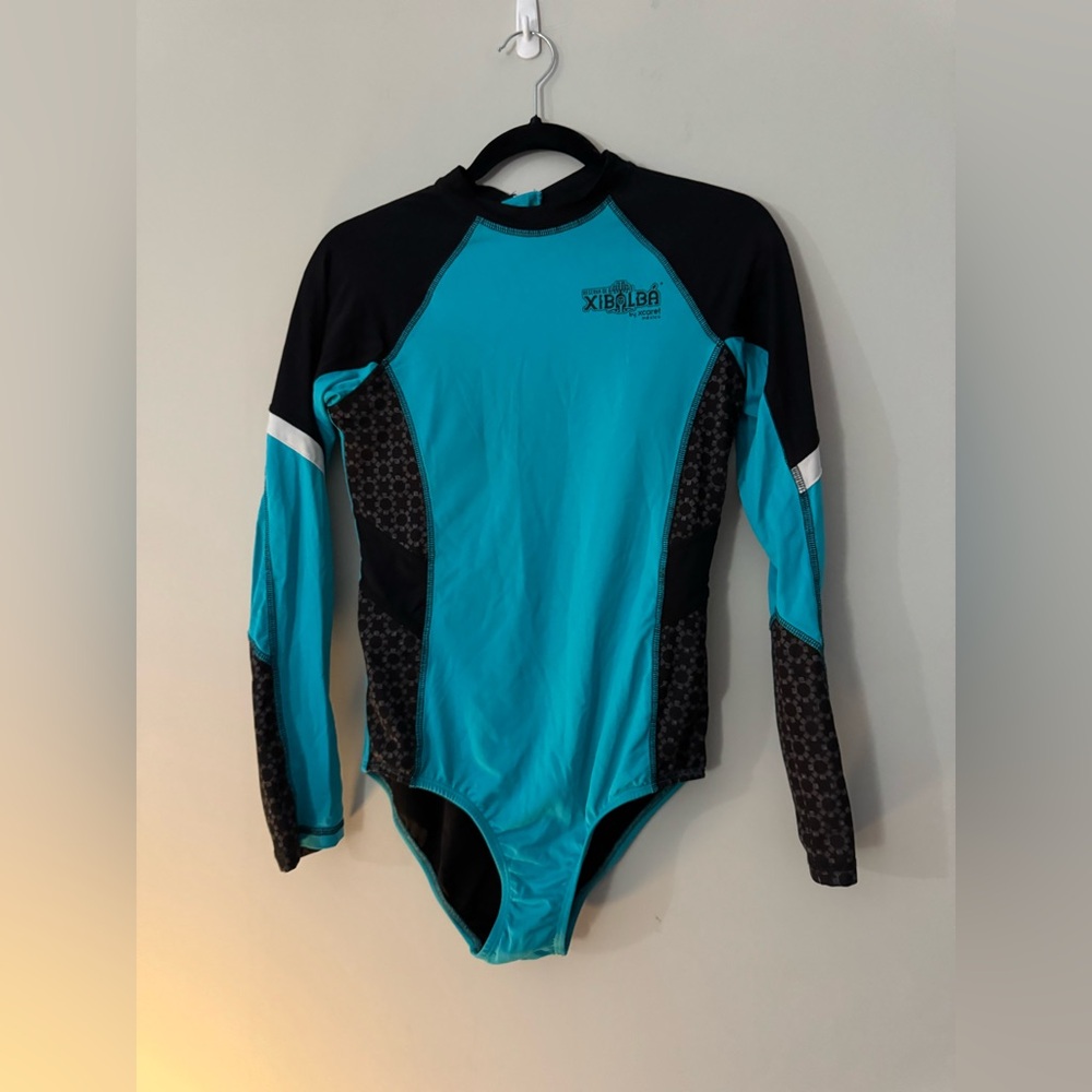 Xibalba XCaret Cancun Mexico Aqua Blue & Black Long Sleeve RashGuard Bathingsuit